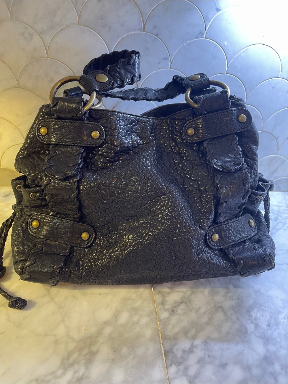 Kooba Black Textured Leather Braided-Handle Shoulder Bag